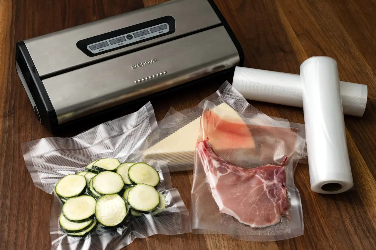 Vacuum sealer with sealed food bags and plastic rolls on a wooden table